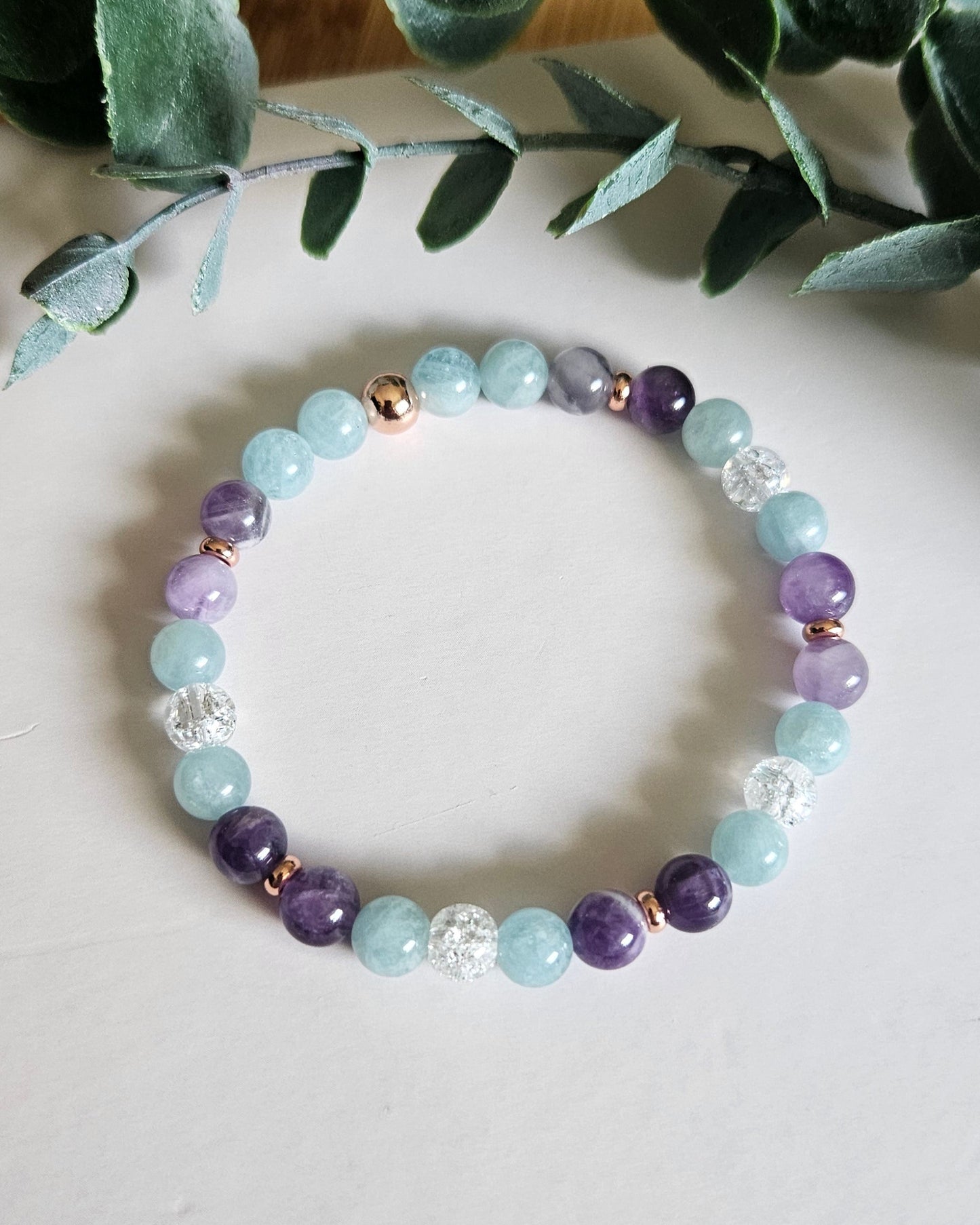 I Am Calm Bracelet | Amethyst, Aquamarine and Cracked Clear Quartz for Peace and Clarity