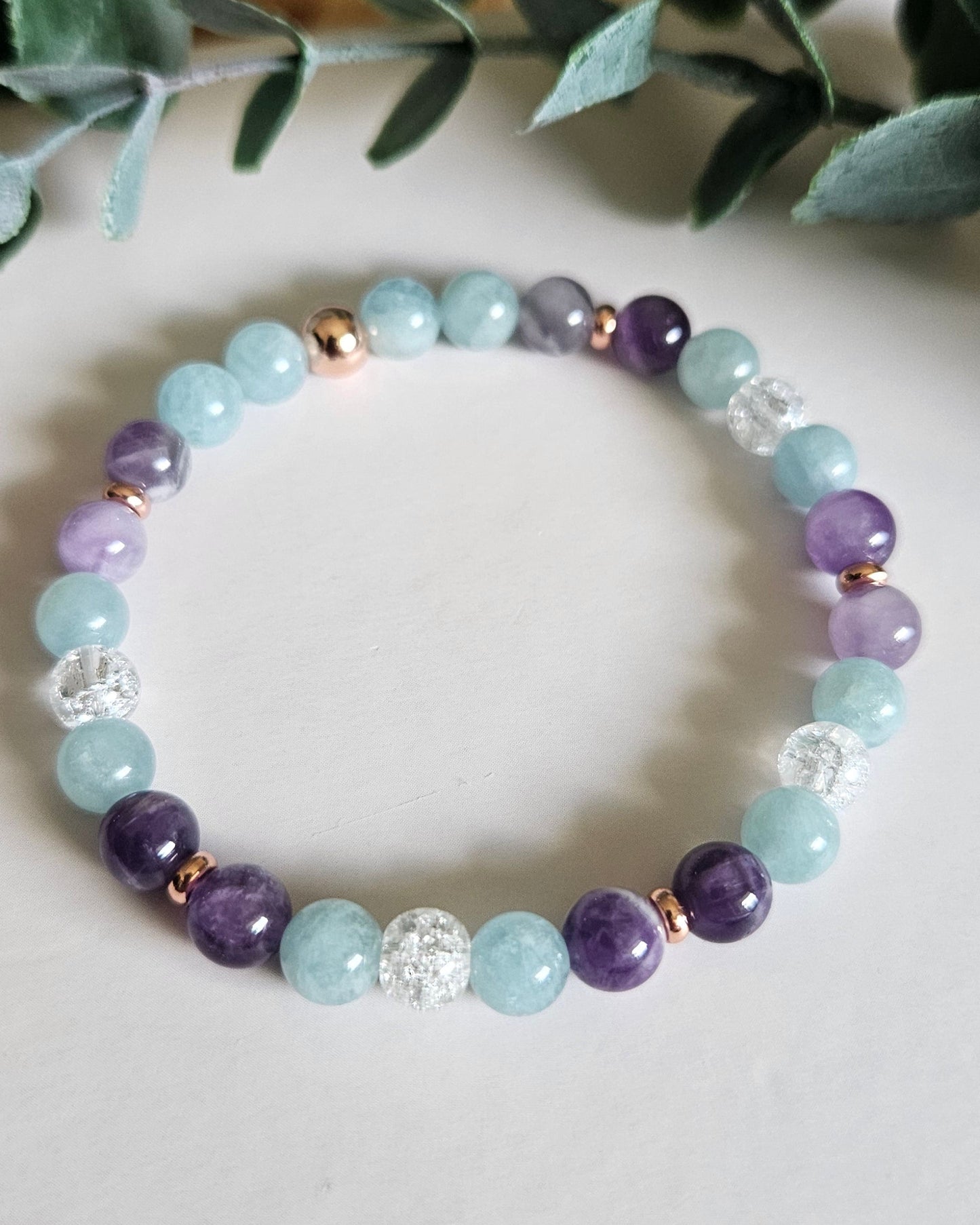 I Am Calm Bracelet | Amethyst, Aquamarine and Cracked Clear Quartz for Peace and Clarity
