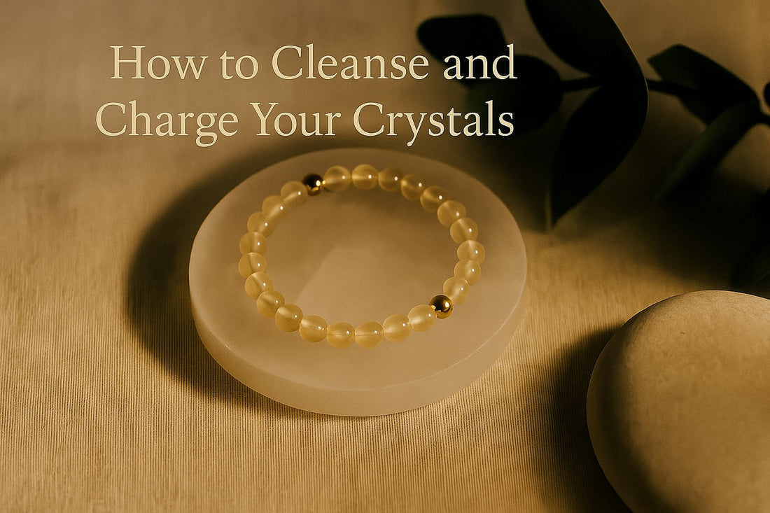 gemstone bracelet on selenite plate in moonlight for cleansing