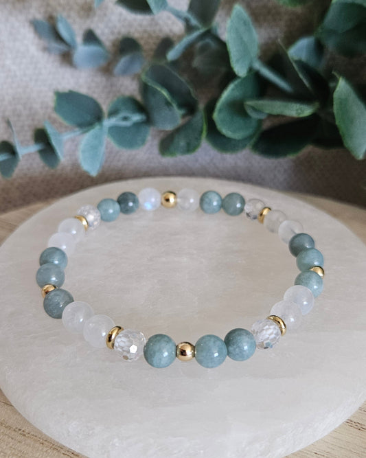 Sage Green Jade, Moonstone & Cubic Zirconia Bracelet | Calm Balance & Gentle Clarity
