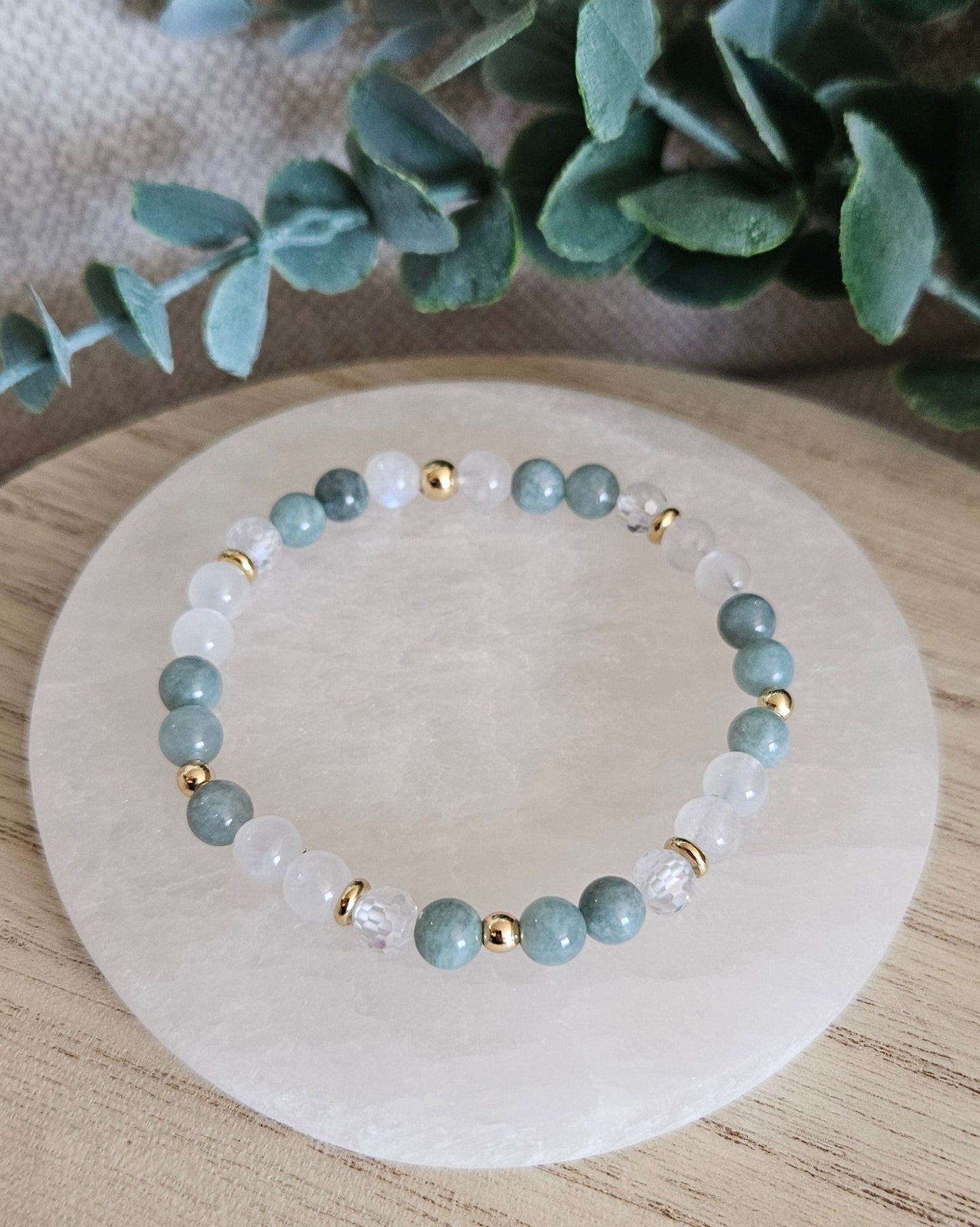 Sage Green Jade, Moonstone & Cubic Zirconia Bracelet | Calm Balance & Gentle Clarity