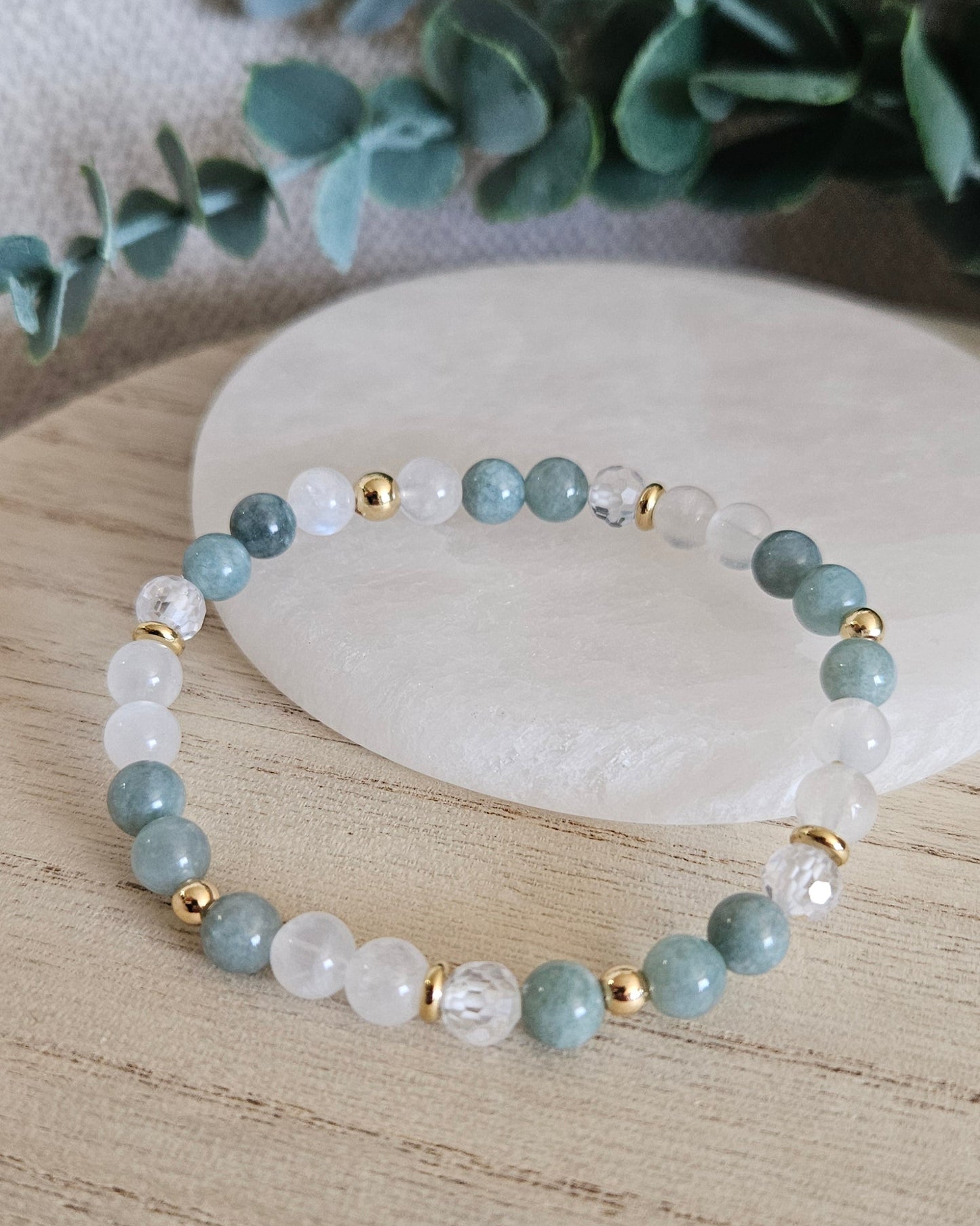 Sage Green Jade, Moonstone & Cubic Zirconia Bracelet | Calm Balance & Gentle Clarity