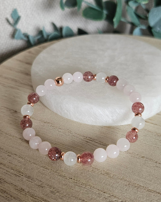 Rose Quartz, Moonstone & Strawberry Quartz Bracelet | Compassion & Emotional Balance