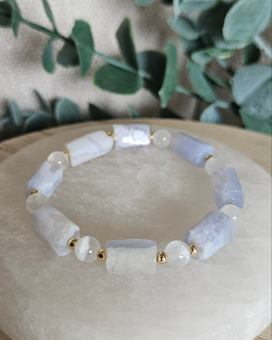 Blue Lace Agate & Selenite Bracelet | Calm Communication & Clear Energy