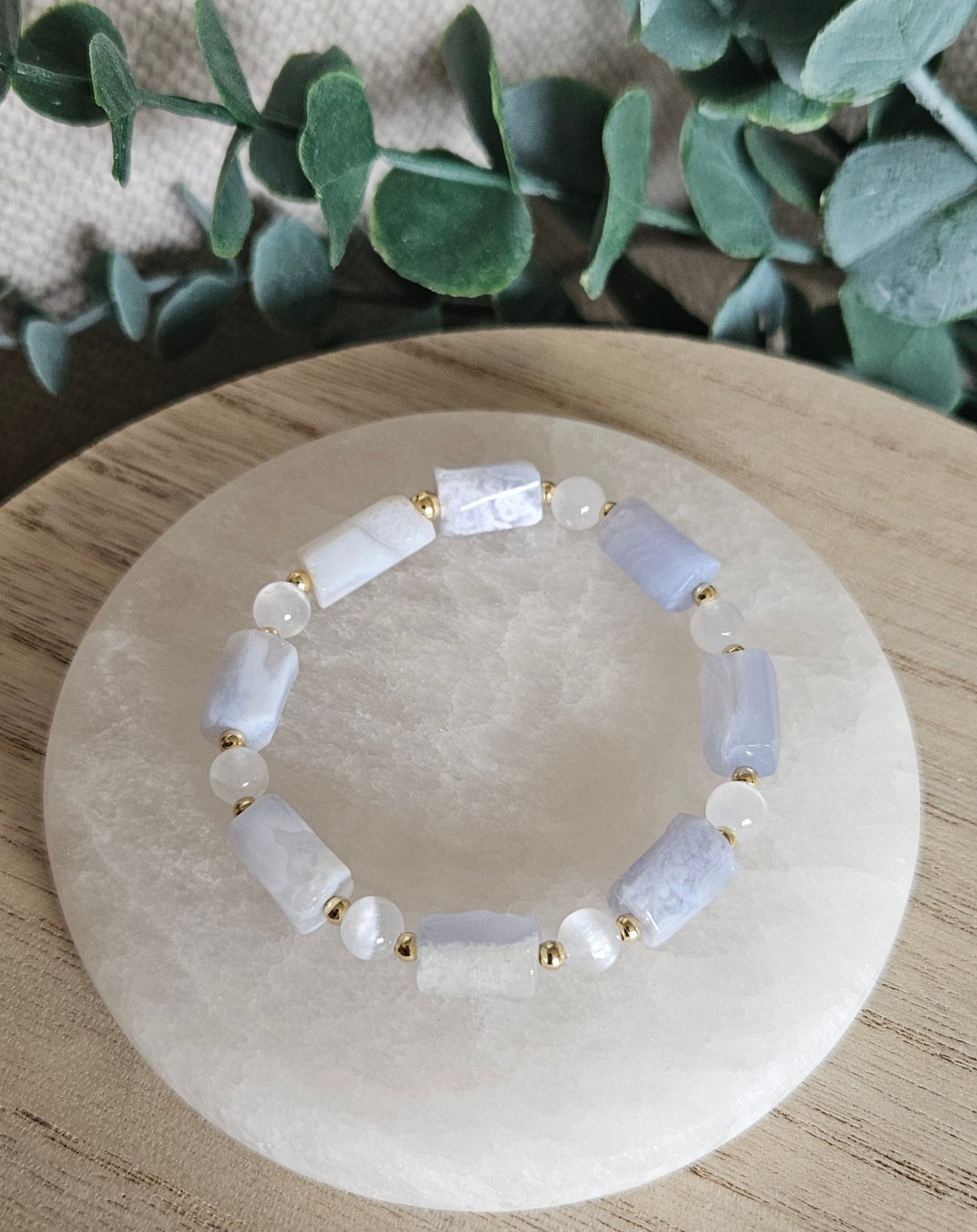 Blue Lace Agate & Selenite Bracelet | Calm Communication & Clear Energy