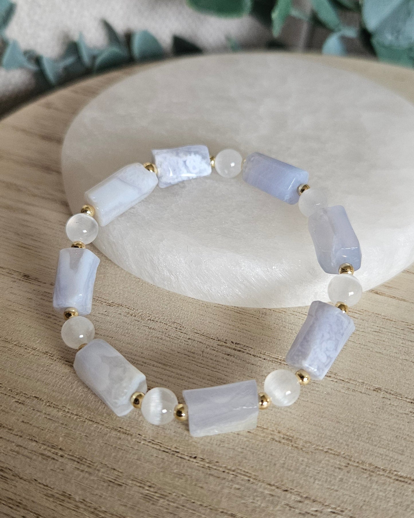 Blue Lace Agate & Selenite Bracelet | Calm Communication & Clear Energy