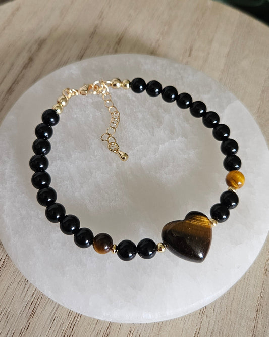 Black Onyx & Tiger Eye Heart Bracelet | Strength, Protection & Self-Trust