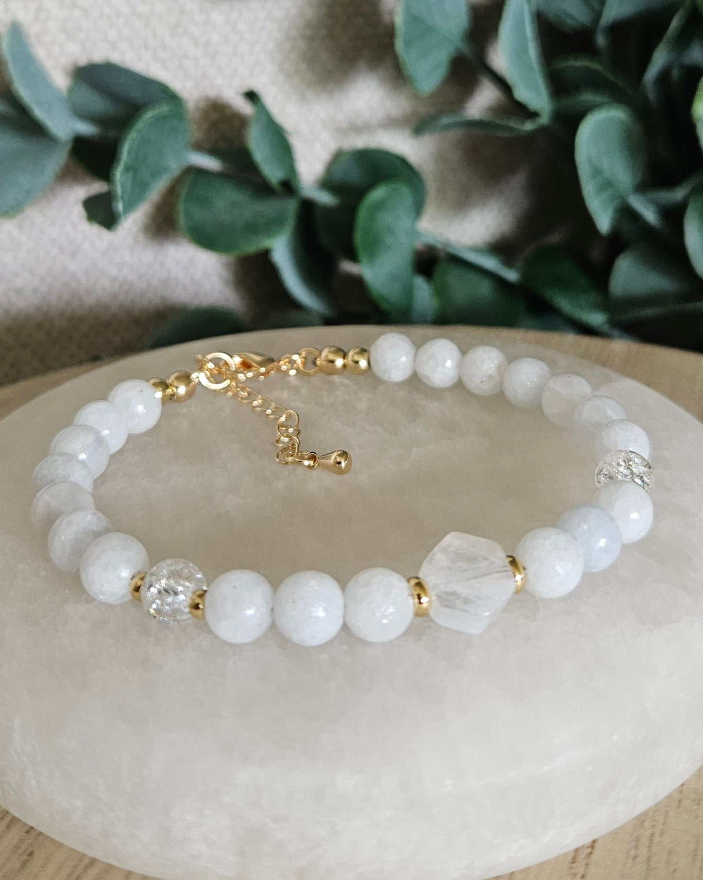 Celestite, Moonstone & Cracked Quartz Bracelet | Peace, Clarity & Gentle Guidance