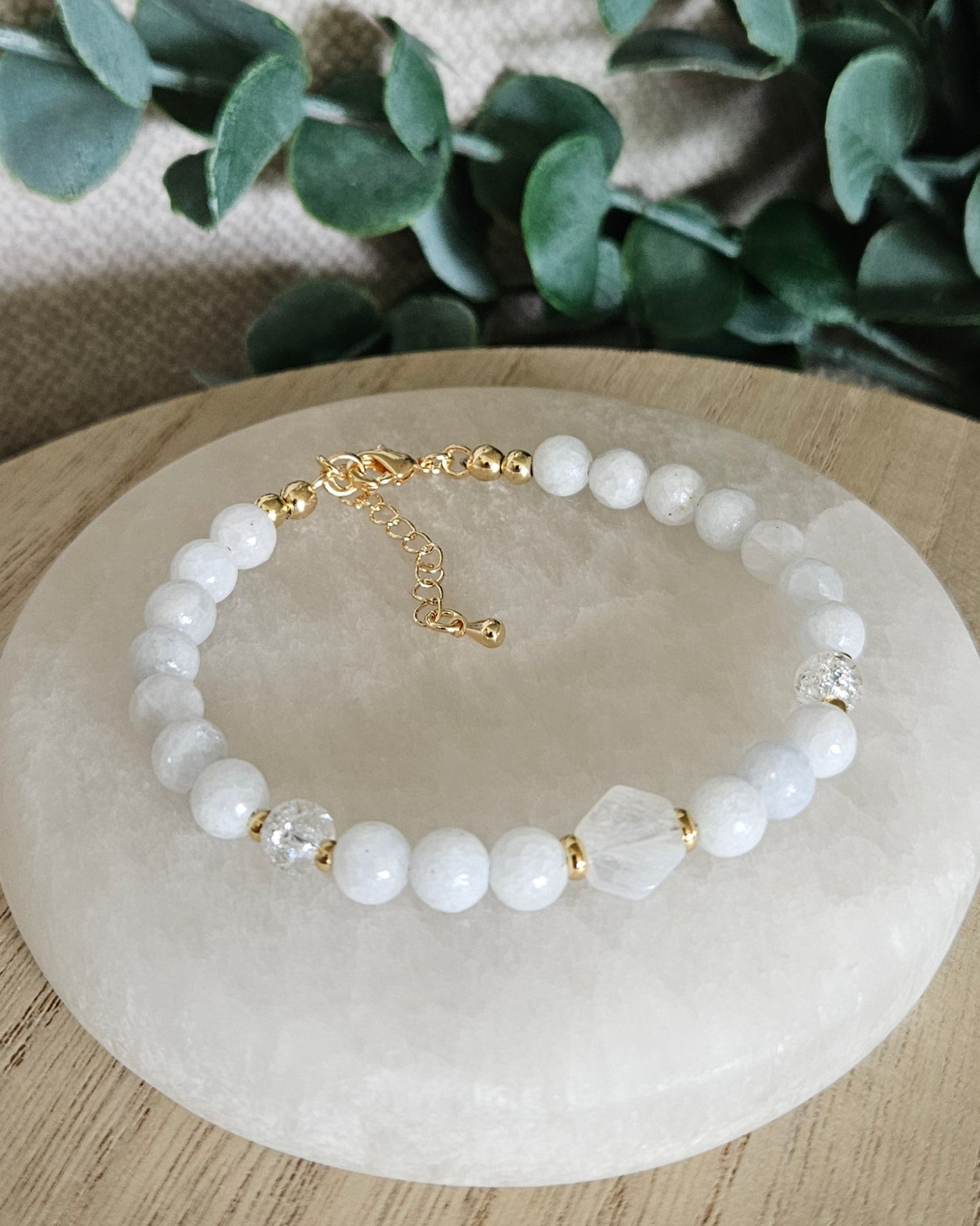 Celestite, Moonstone & Cracked Quartz Bracelet | Peace, Clarity & Gentle Guidance