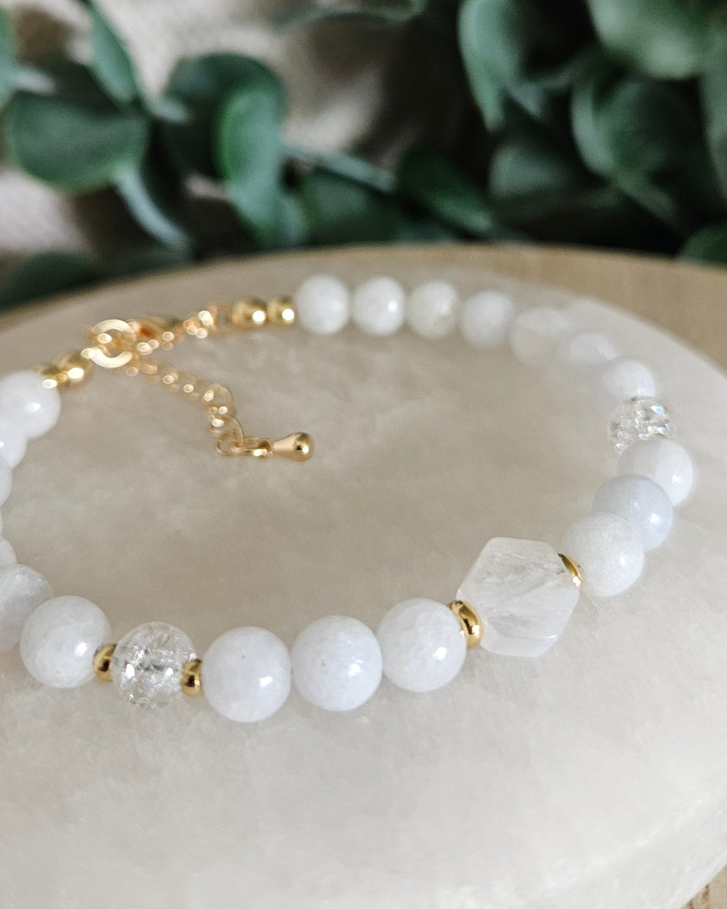 Celestite, Moonstone & Cracked Quartz Bracelet | Peace, Clarity & Gentle Guidance