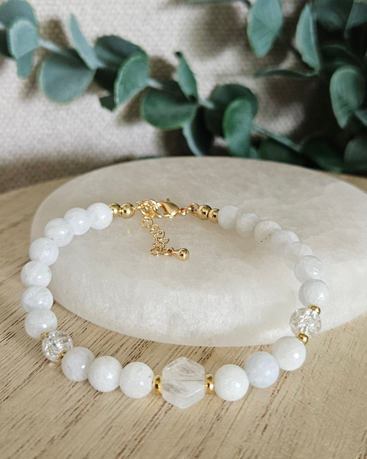 Celestite, Moonstone & Cracked Quartz Bracelet | Peace, Clarity & Gentle Guidance