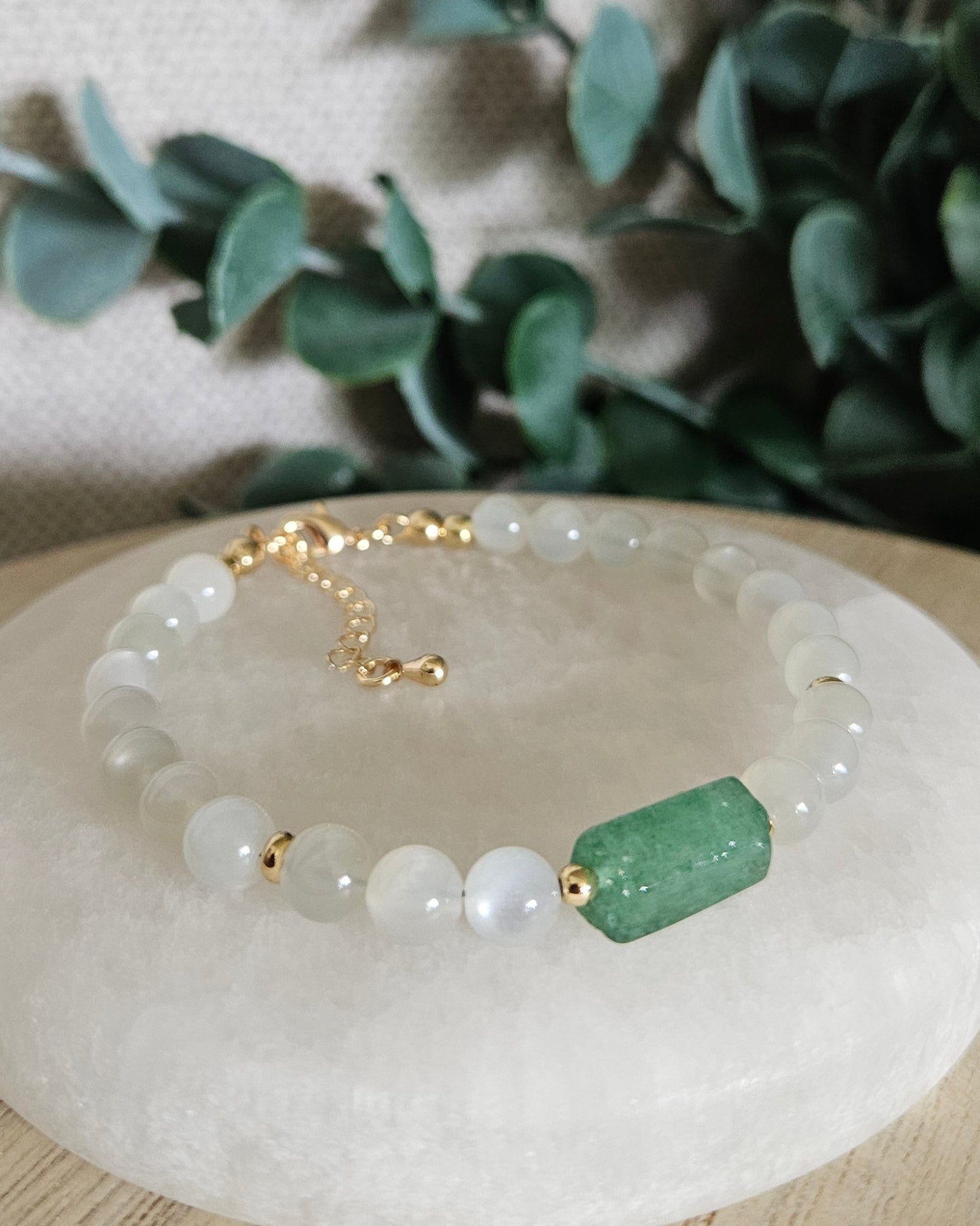 White Moonstone & Green Strawberry Quartz Bracelet | Growth, Intuition & New Beginnings
