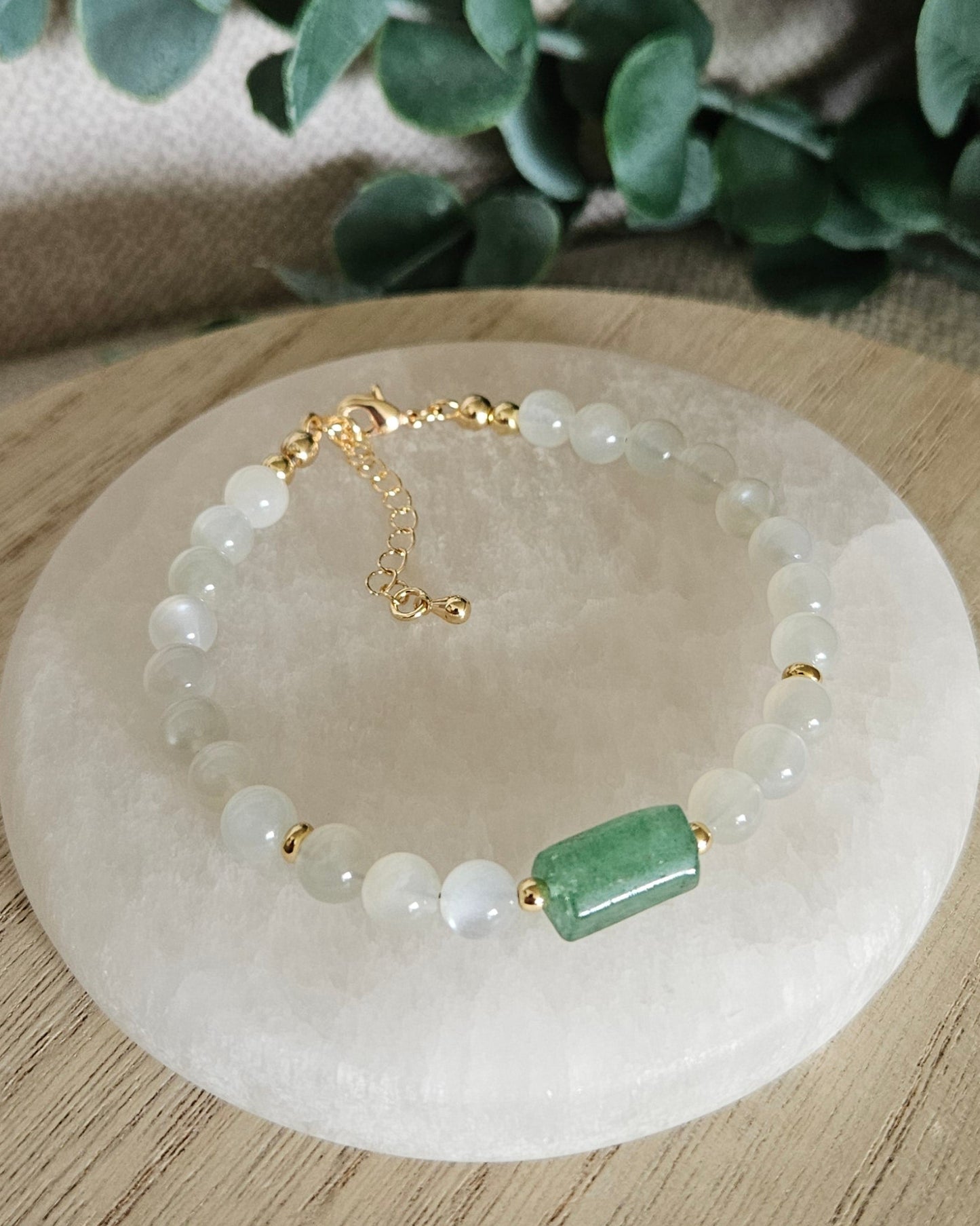 White Moonstone & Green Strawberry Quartz Bracelet | Growth, Intuition & New Beginnings