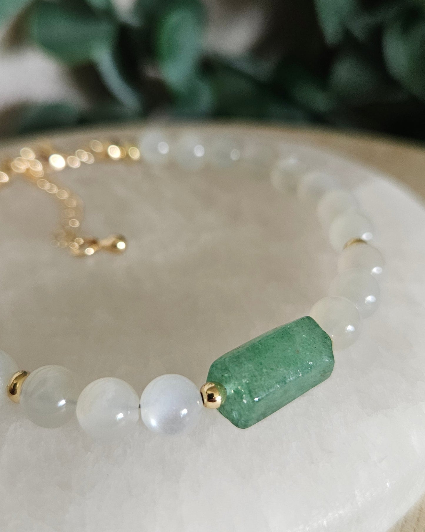 White Moonstone & Green Strawberry Quartz Bracelet | Growth, Intuition & New Beginnings