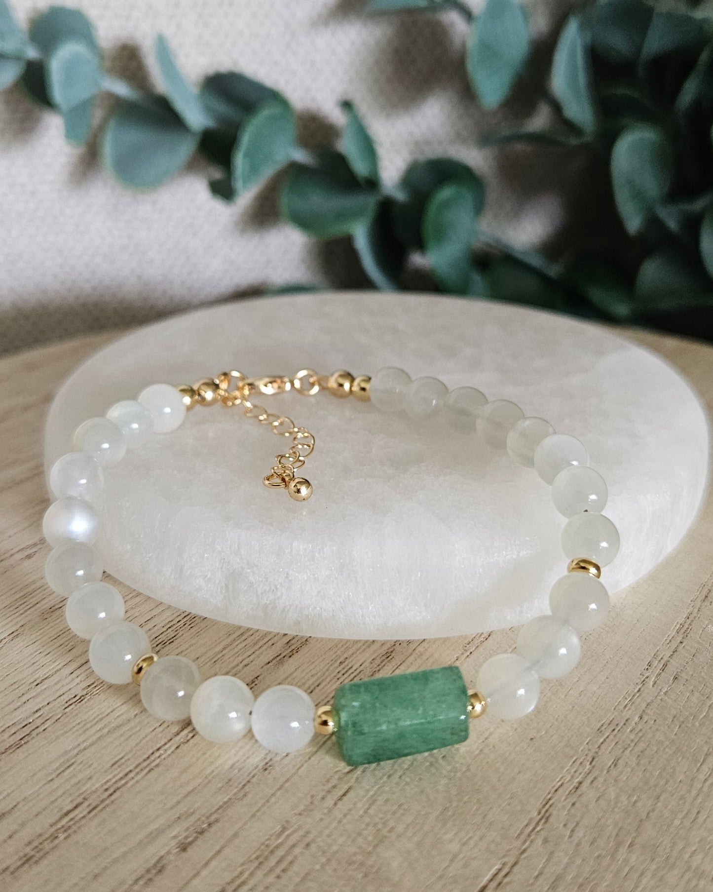 White Moonstone & Green Strawberry Quartz Bracelet | Growth, Intuition & New Beginnings