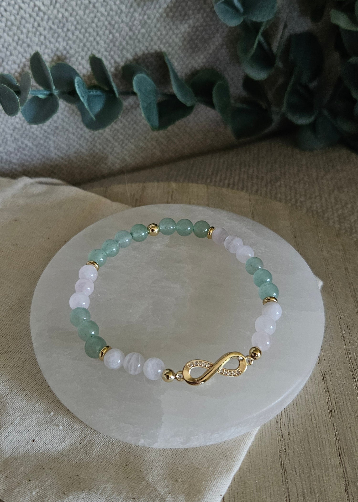 Green aventurine and rose quartz bracelet with infinity charm