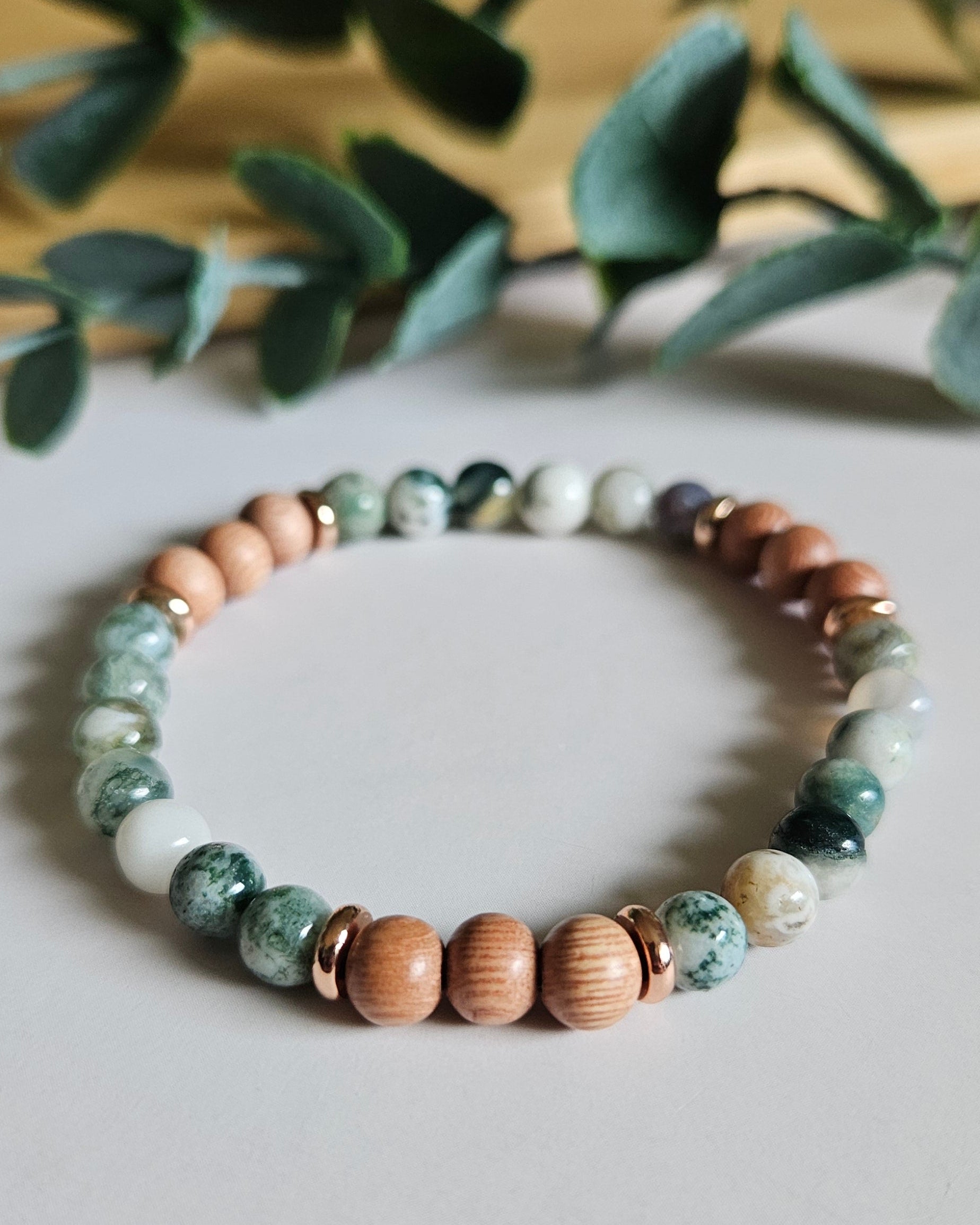 Tree Agate and Rosewood bracelet with rose gold accents grounding energy and promoting calm and connection