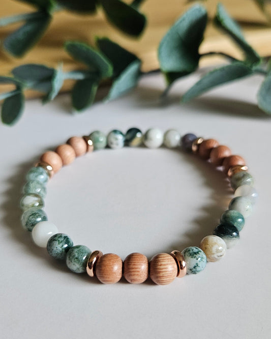 Tree Agate and Rosewood bracelet with rose gold accents grounding energy and promoting calm and connection