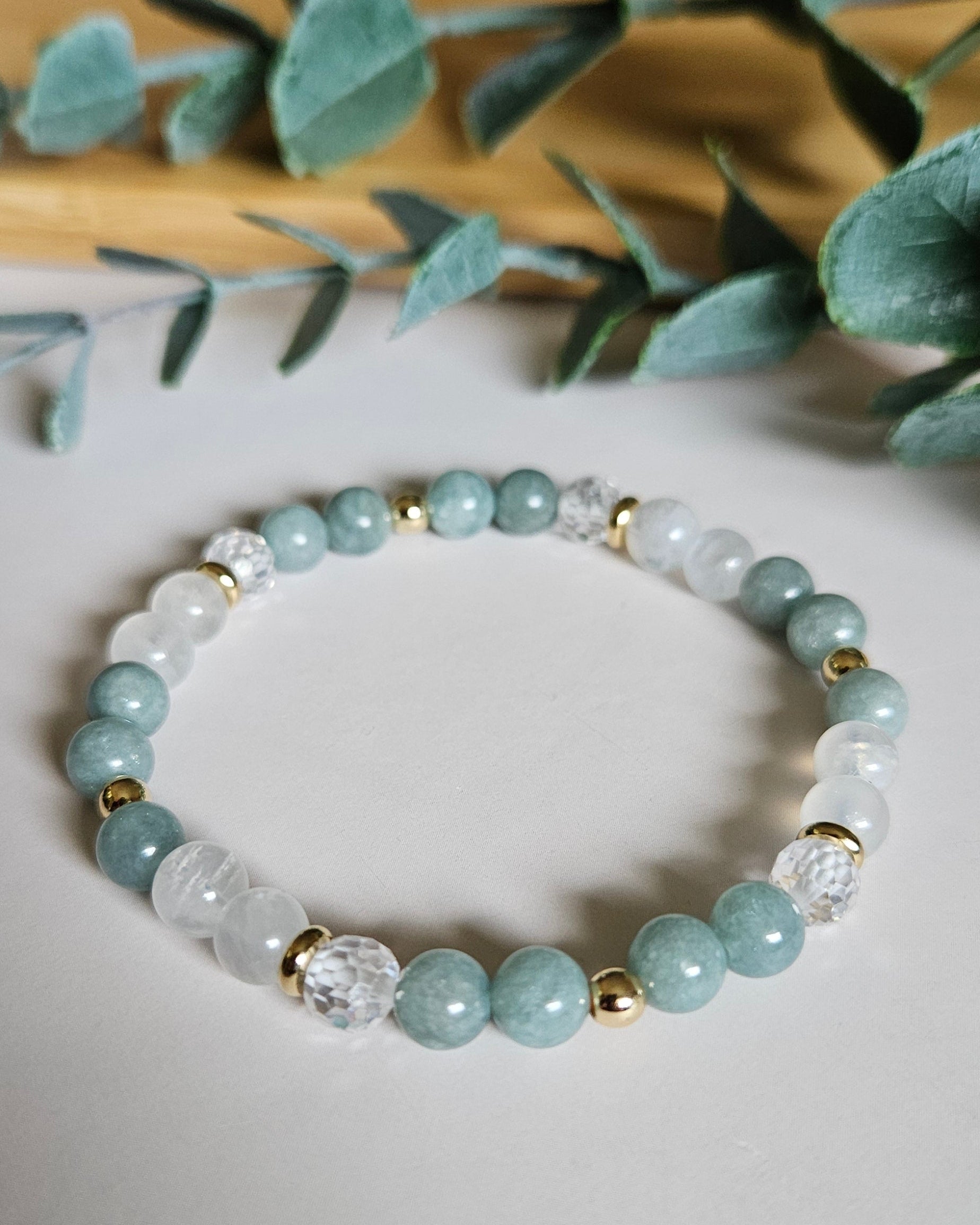 Chateau Jade, Moonstone, and Cubic Zirconia bracelet with 14k gold accents symbolizing harmony and inner clarity