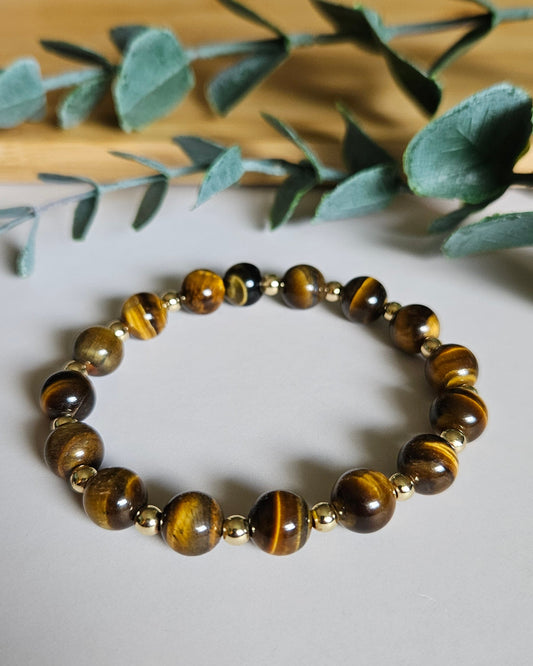 Tiger Eye bracelet with alternating gold-plated accents promoting confidence, focus, and grounded energy