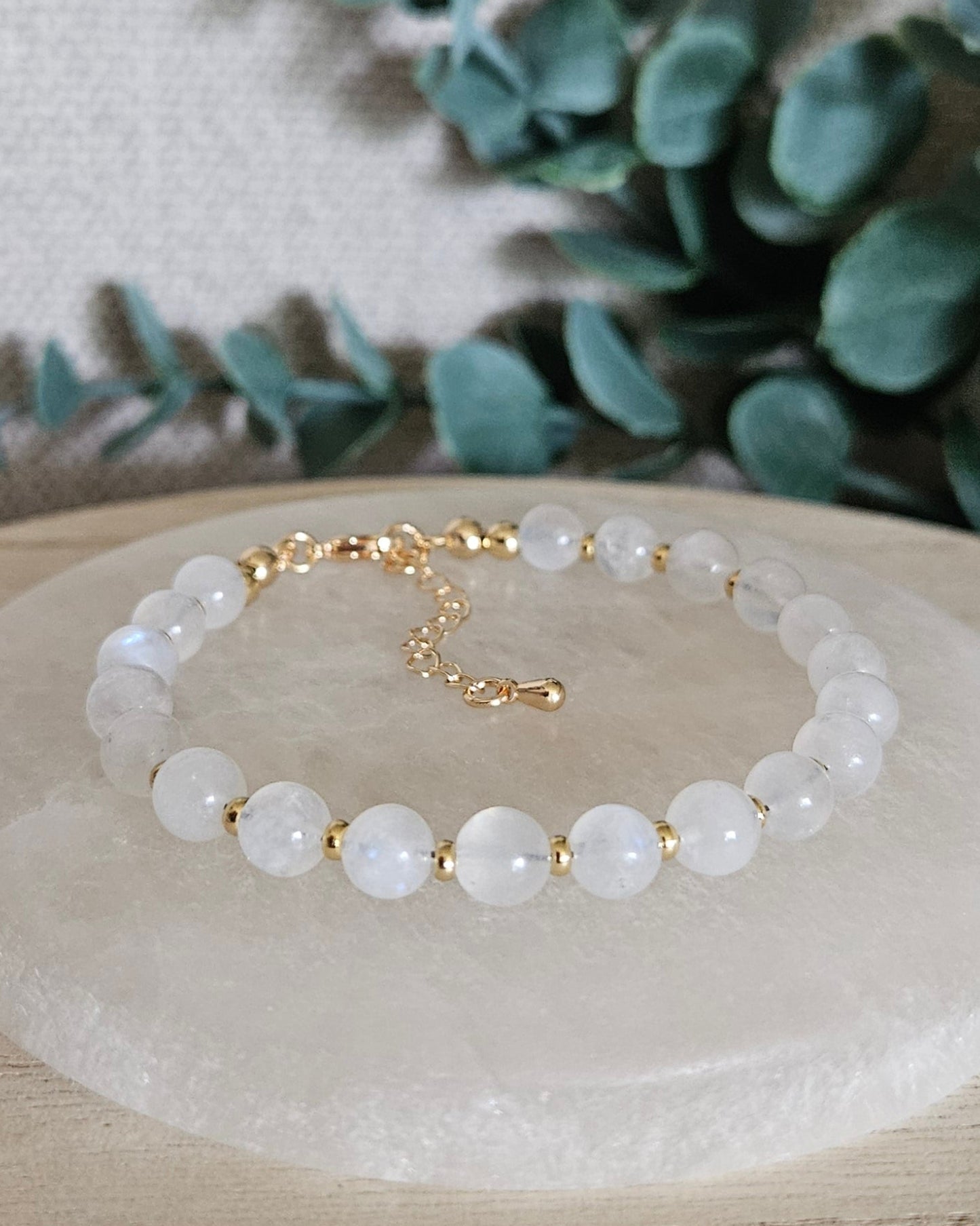 Moonstone Bracelet with greenery in the background