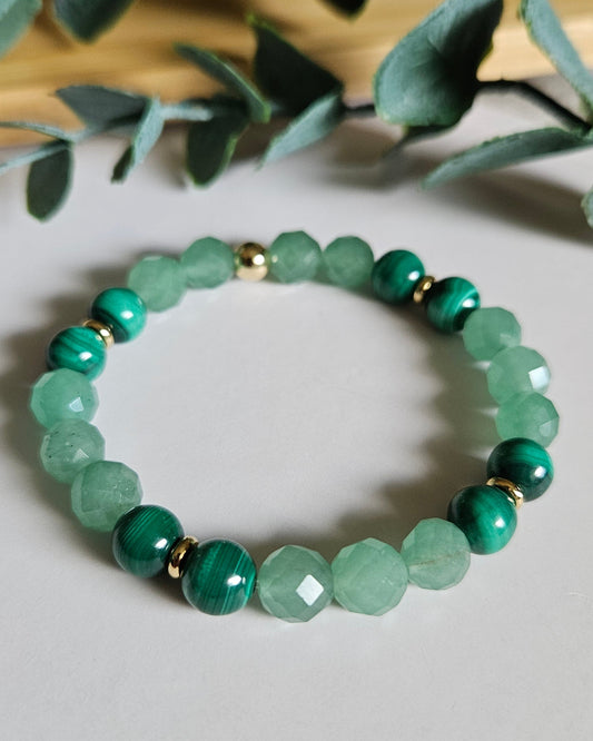 Green Aventurine and Malachite bracelet with gold accents symbolizing growth, transformation, and courage