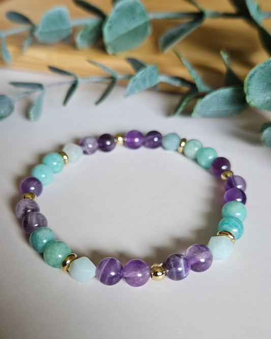 Amethyst and Amazonite bracelet with gold accents designed to bring peace, emotional balance, and clarity