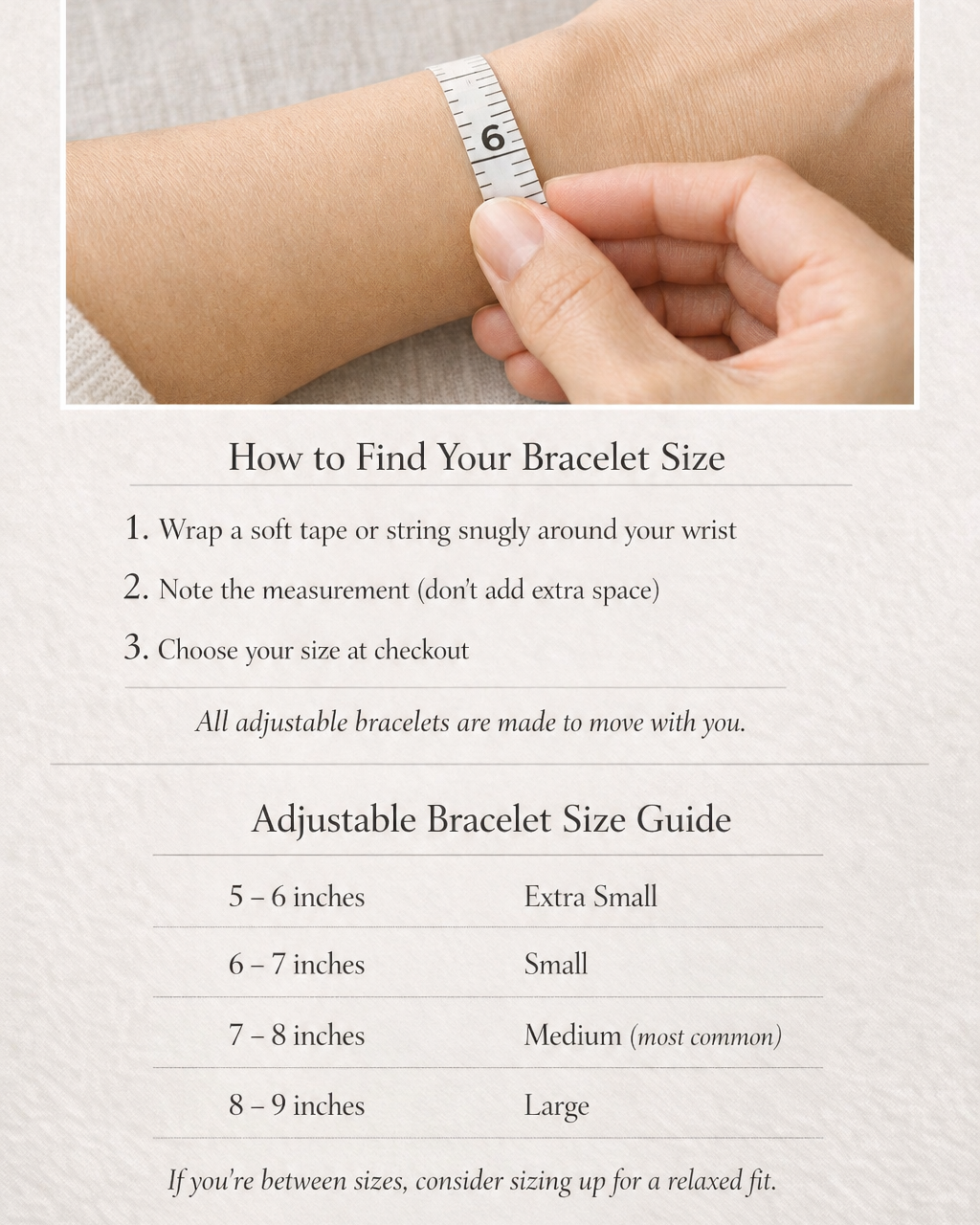 Adjustable bracelet size guide: XS 5–6 in, S 6–7 in, M 7–8 in and L 8–9 in; measure the wrist snugly