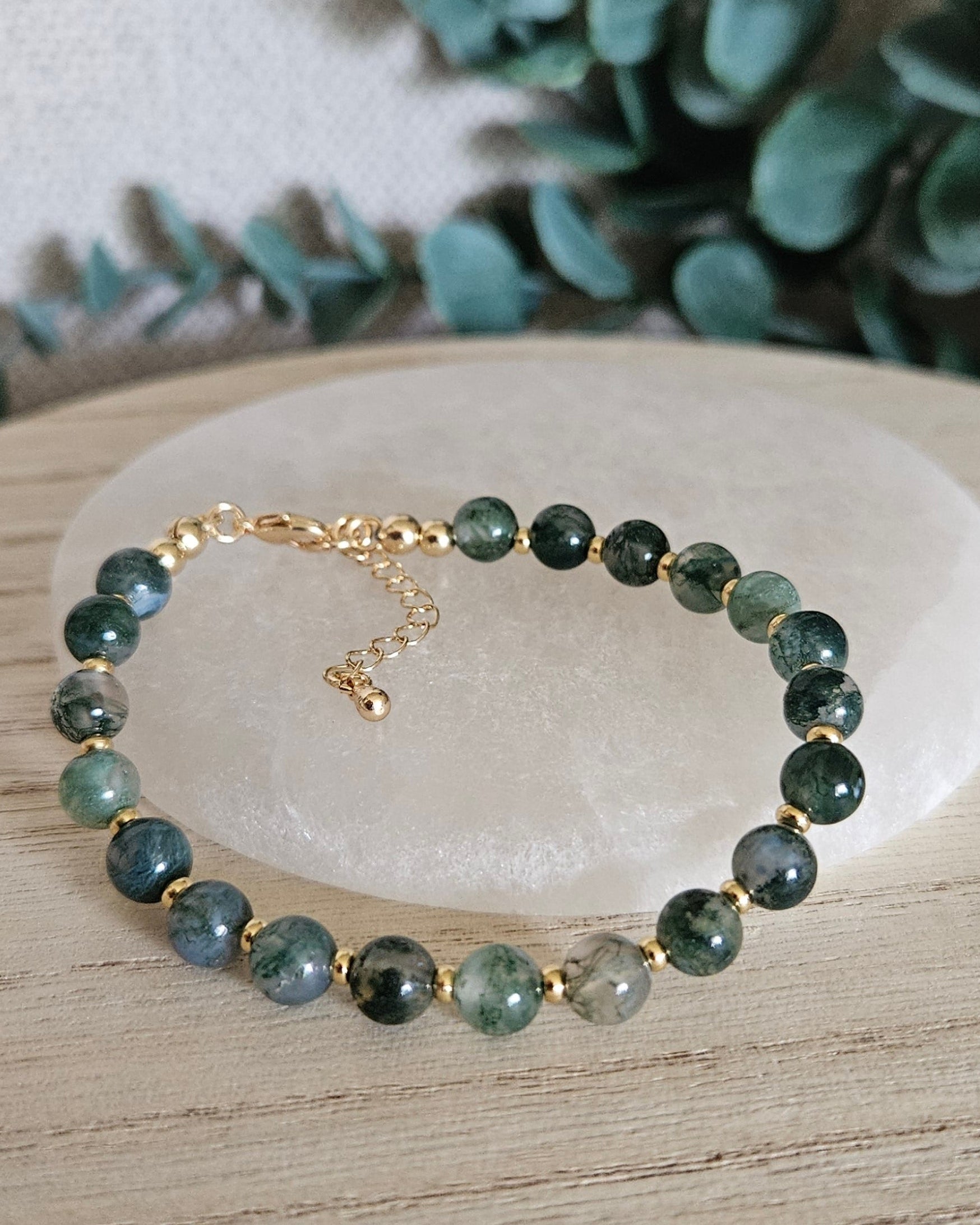 moss agate bracelet with alt gold accents