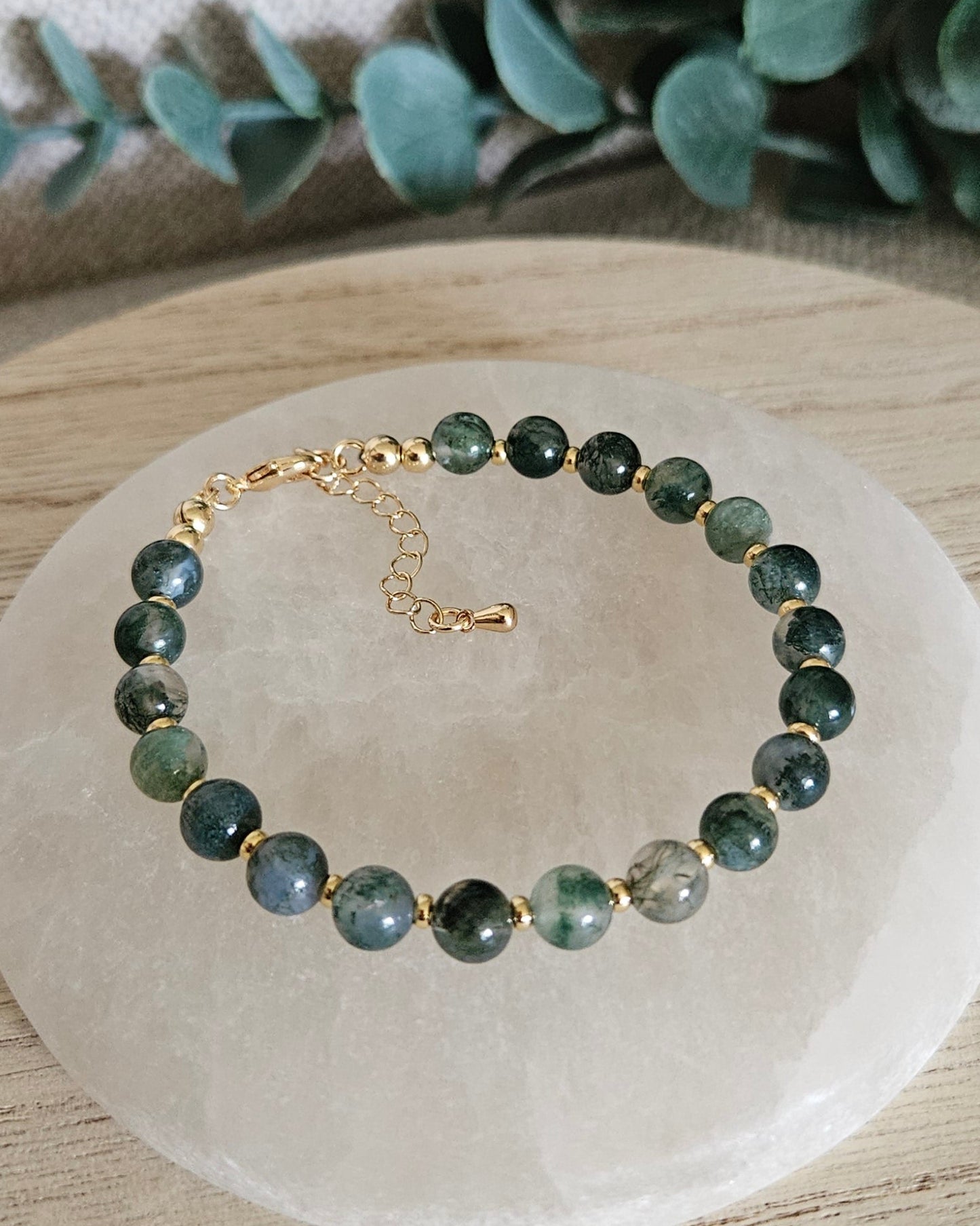 moss agate bracelet with alternating gold accents