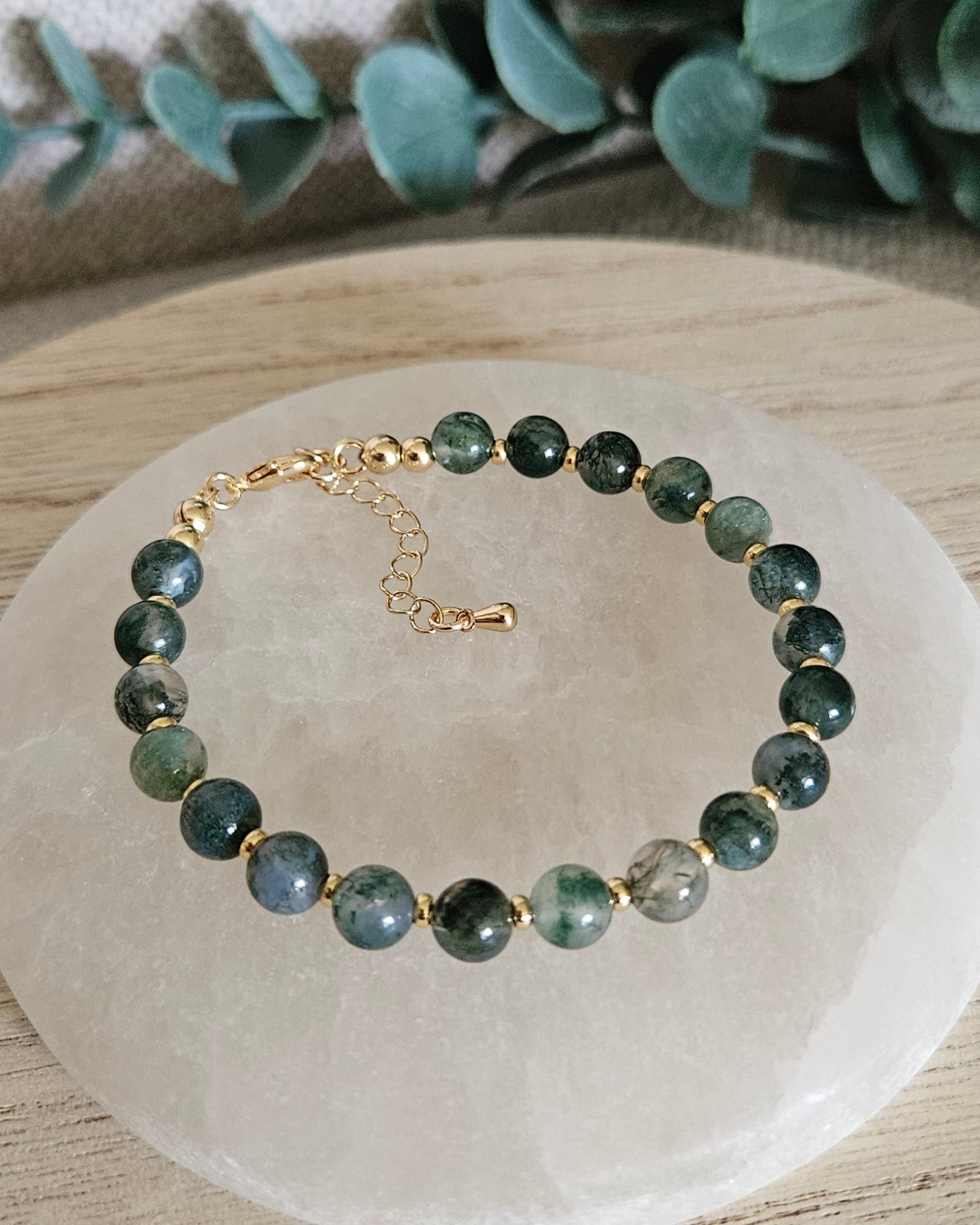 moss agate bracelet with alternating gold accents
