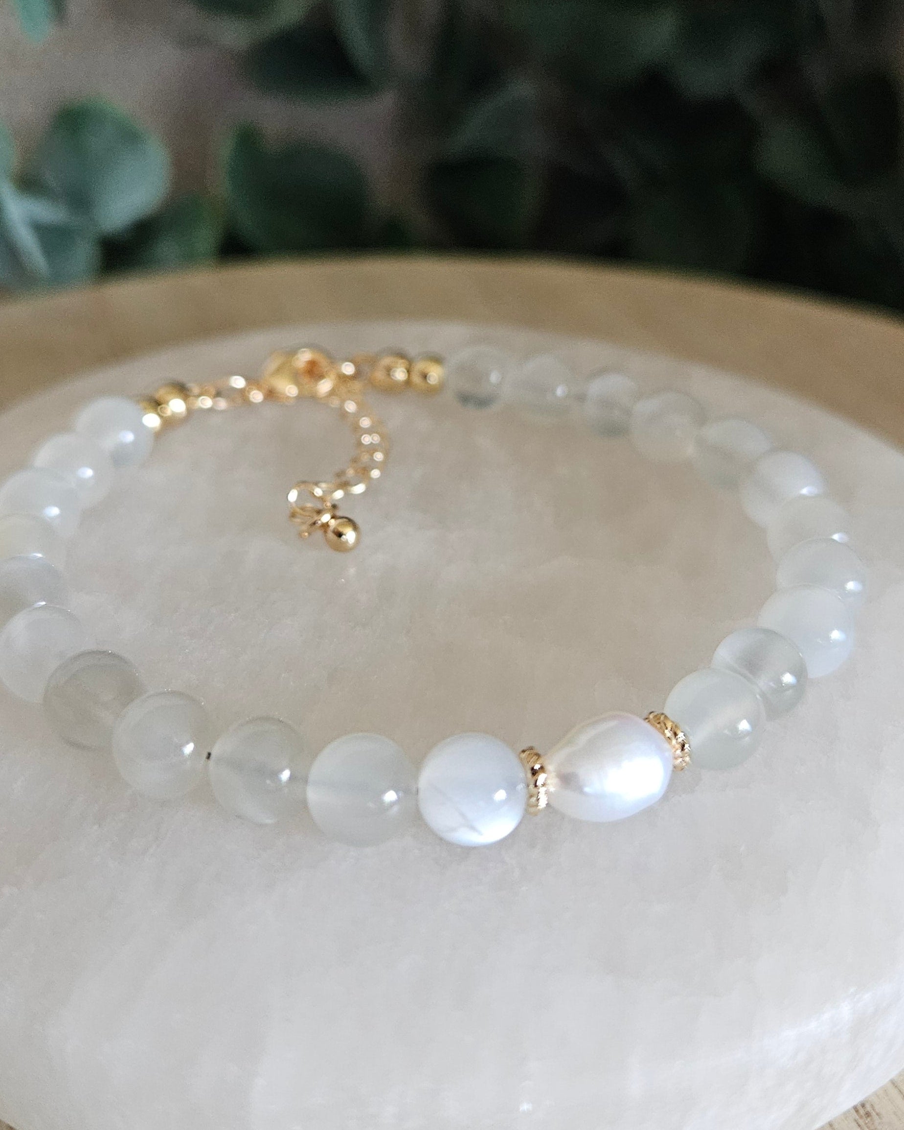 White Moonstone bracelet with freshwater  pearl focal